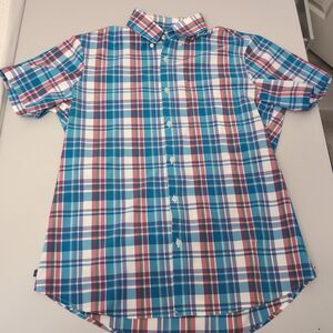 Mizzen and Main Trim Fit Leeward Shirt Men L Blue Plaid Geometric Short Sleeve